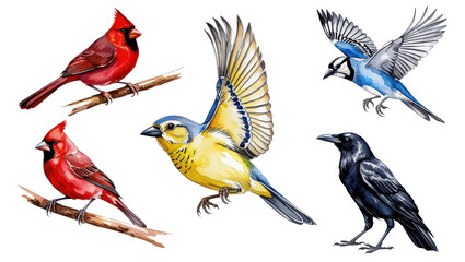 Watercolor Bird Collection Cardinals Blue Jay Yellow Finch Crow