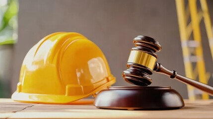 Hard Hat and Gavel on Table Signifying Fair Labor Law Judgments and Advocacy for Workers' Rights in Industrial Settings