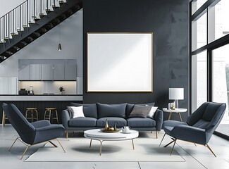 Modern living room interior with sofa, near kitchen counter 