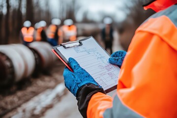 Pipeline Construction Site Inspection with Engineer Holding Checklist