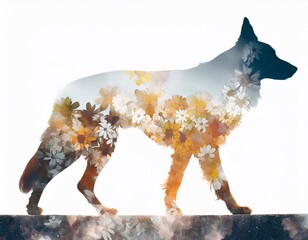 Silhouette of the dog walking on the wall double exposure