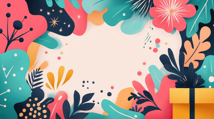 Obraz premium A colorful drawing of flowers and leaves with a yellow box in the middle