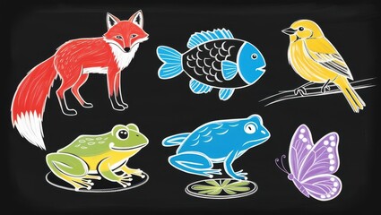 Obraz premium Colorful Chalk Animals Fox Fish Frogs Bird Butterfly Illustration