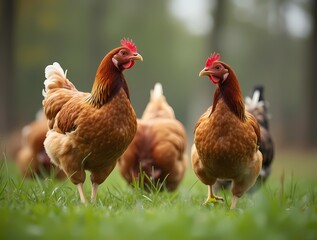 Chickens grazing on grass, free range farm