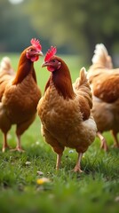 Fototapeta premium Chickens grazing on grass, free range farm