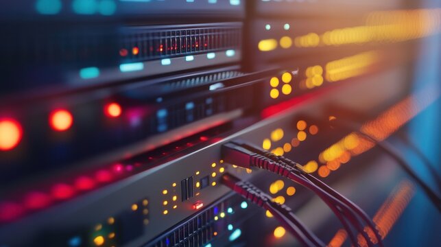 Network Server Room with Racks and Cables in Focus