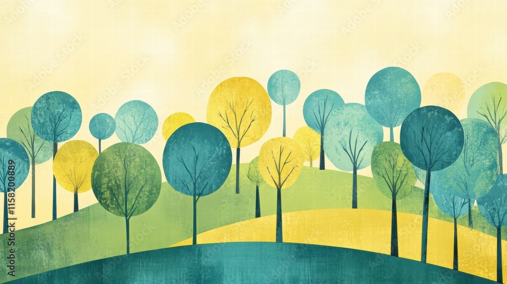 Poster colorful naive art style landscape with trees and hills inviting creativity in a serene setting. gen
