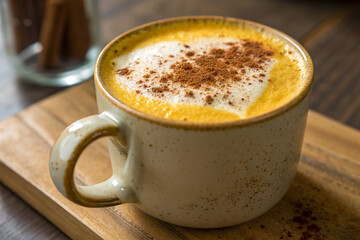 Turmeric latte with a dusting of cinnamon