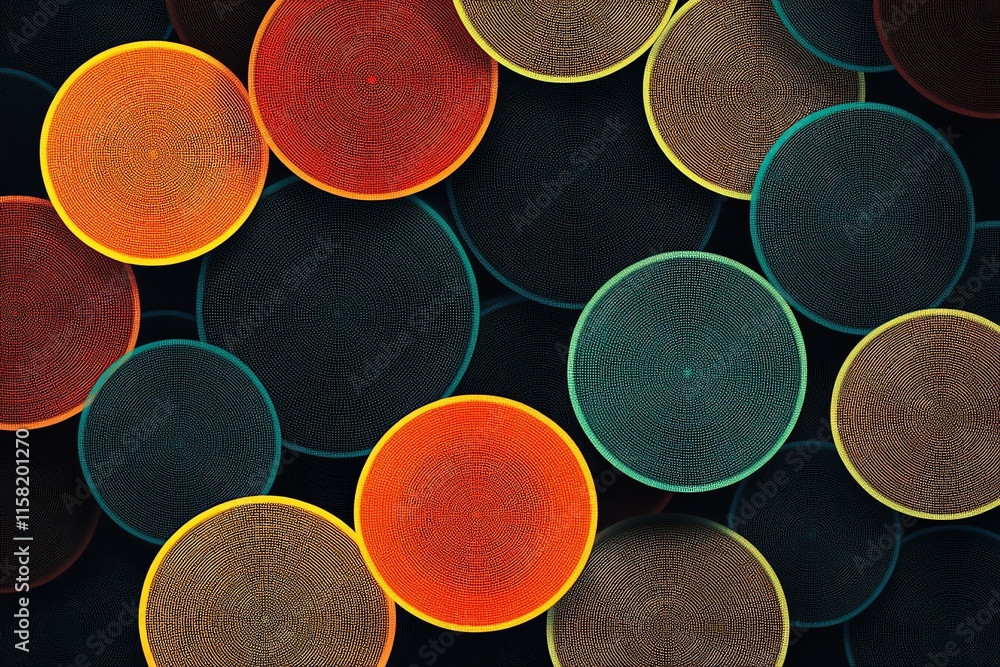 Poster Abstract representation of circular forms with vibrant colors against a dark background.