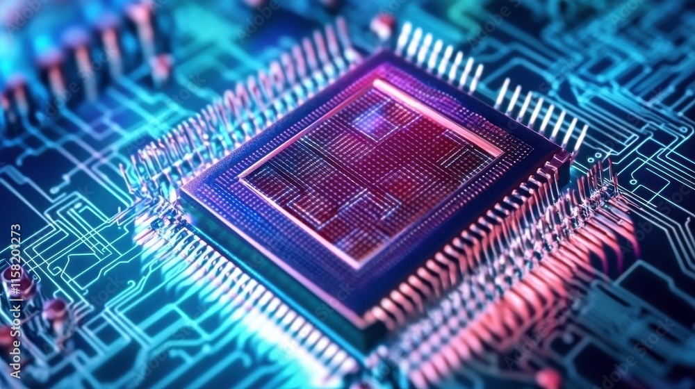Poster quantum computing chips in radiant light display