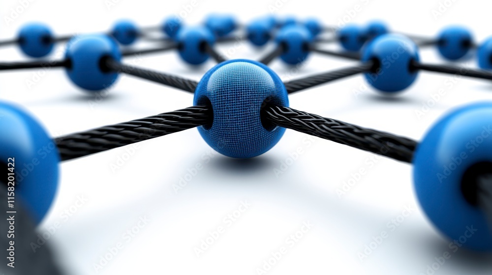 Poster a close-up view of interconnected blue spheres and ropes, illustrating a network or molecular struct