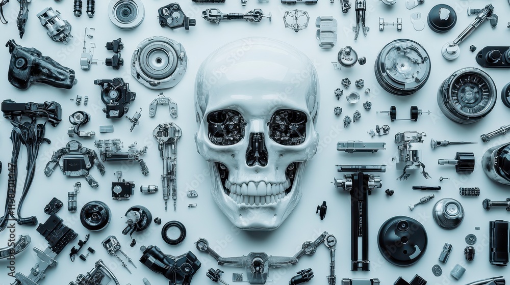 Poster a white skull is centered among an array of mechanical parts and components, creating a striking con