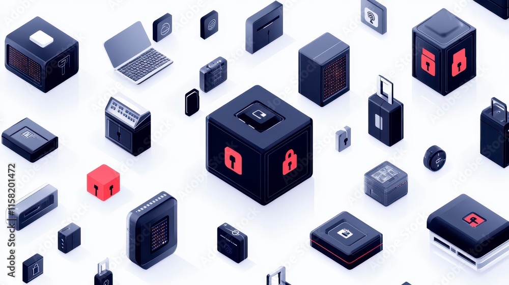 Poster a collection of various digital security icons and devices, highlighting themes of technology, data 