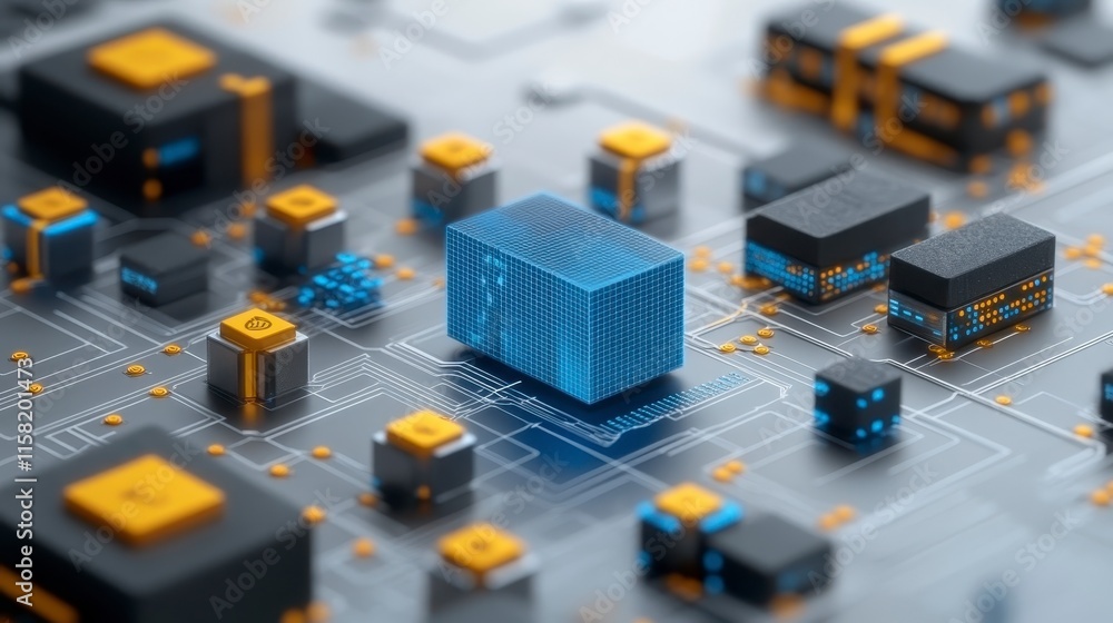 Poster a close-up view of a circuit board with various microchips, featuring a prominent blue component ami