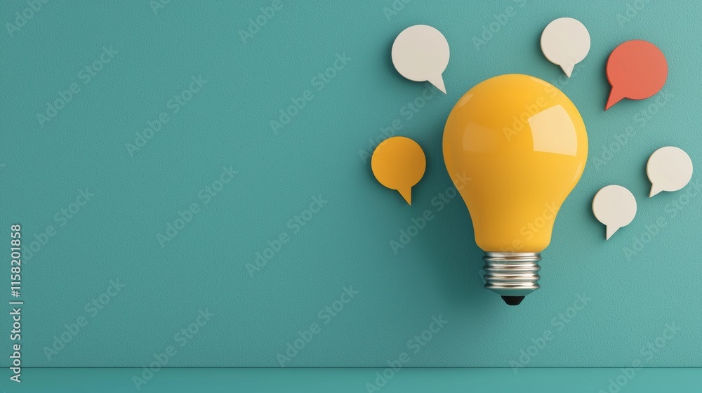 Poster light bulb generating innovative ideas and speech bubbles symbolizing brainstorming