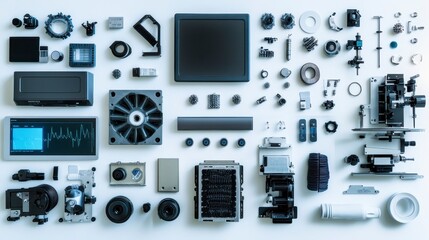 A flat lay arrangement of various electronic components and devices, showcasing intricate parts and technology.