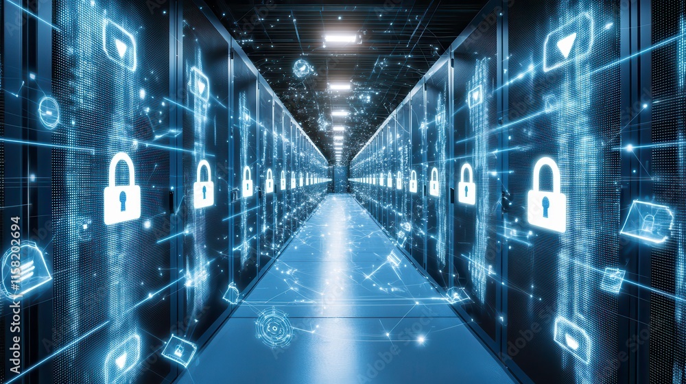 Poster secure data protection room with cyber encryption graphics