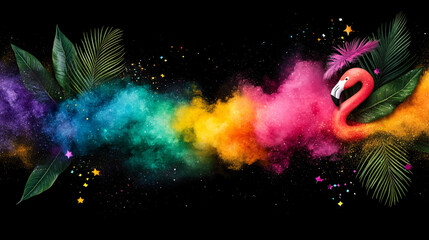 vibrant tropical themed photo booth backdrop featuring colorful explosion of powder and flamingo surrounded by lush leaves. Perfect for festive events