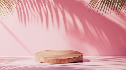 Wooden podium on pink background with palm shadows.