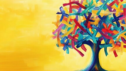 an artistic representation of hope in the fight against cancer, showing a tree with ribbons as leaves, set against a bright yellow background
