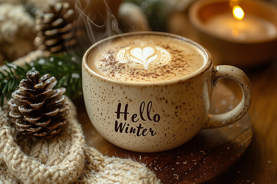 Rustic latte with Hello Winter art surrounded by cozy winter elements on wooden table