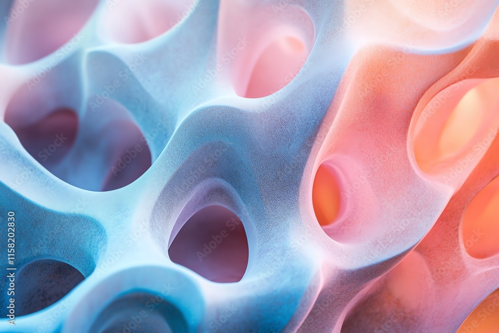 Poster abstract close-up of a colorful, porous structure with soft curves and gradients.