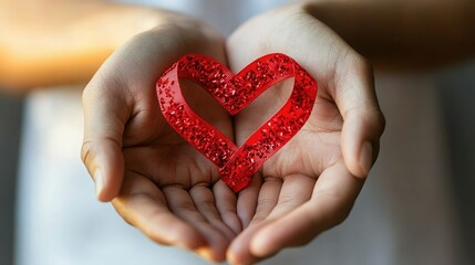 Obraz premium A close-up of hands holding a symbolic heart shape made of red ribbon, symbolizing love and care for heart health