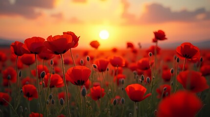 Obraz premium Field of red poppies in the sunset