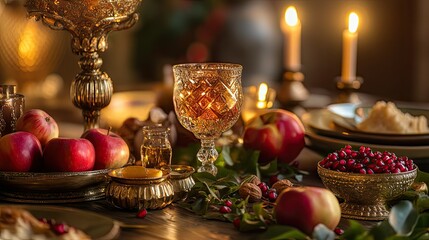 Fototapeta premium A festive Rosh Hashanah table setup with symbolic foods like apples, honey, and pomegranates, surrounded by elegant decorations, candles, and a warm golden glow