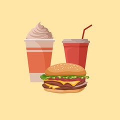 Fast food, hamburgers and two glasses of ice cream 