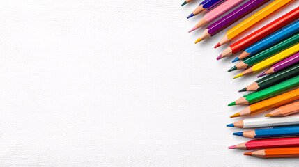Obraz premium Brightly colored pencils arranged on white wooden surface, creating vibrant and artistic background. Perfect for creative projects and educational themes