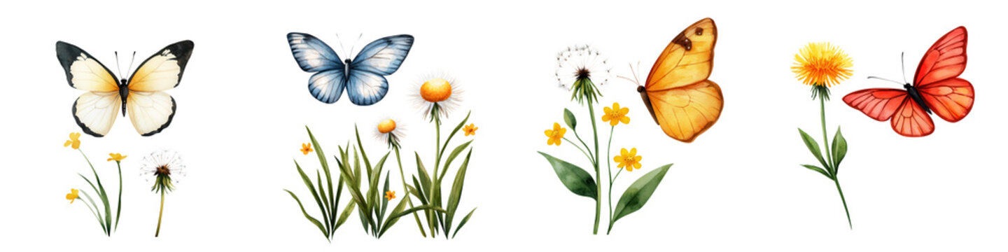 Fototapeta First day of spring element, Beautiful butterflies and flowers in vibrant colors and styles, isolated on transparent background.