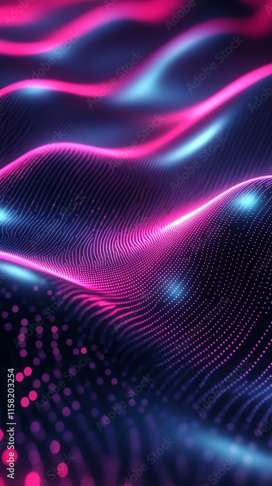 Poster abstract waves of vibrant pink and blue light creating a dynamic digital landscape.