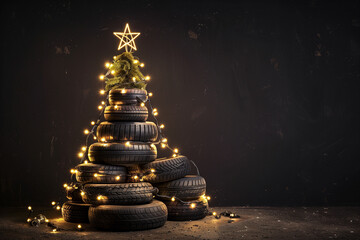 Obraz premium Christmas tree made of car tires and wheels on black background with copy space