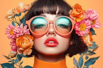 Fototapeta premium Stylish woman with vibrant sunglasses surrounded by colorful flowers