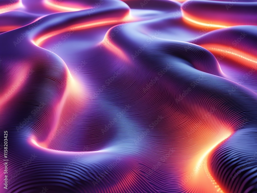 Poster abstract wavy surface with glowing lines in vibrant colors.