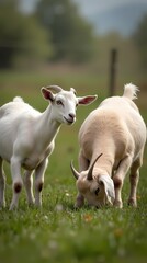 Obraz premium Goats grazing on grass, free range farm