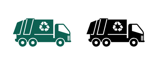 Recycling dumpster truck, 2 option in green and black colors, waste management and recycling concept