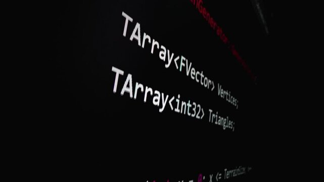 Closeup macro shot movement of coding script moving across LED screen with real-time AI-generated typing, showcasing advanced AI learning in optimization, debug and coding for software development.