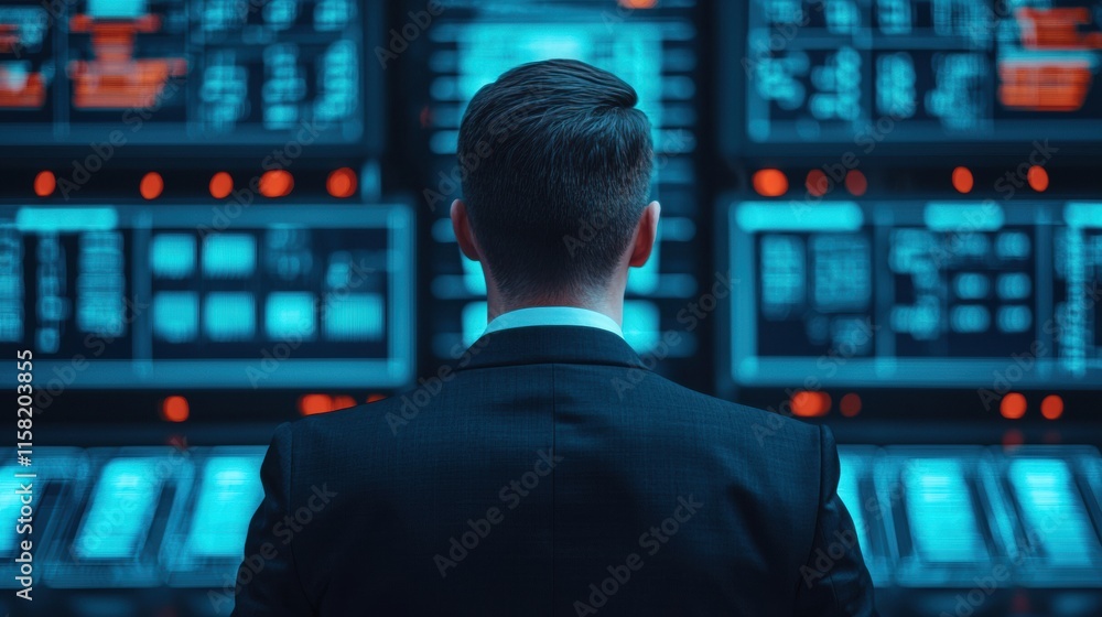 Poster business professional analyzing data on multiple screens in futuristic workspace