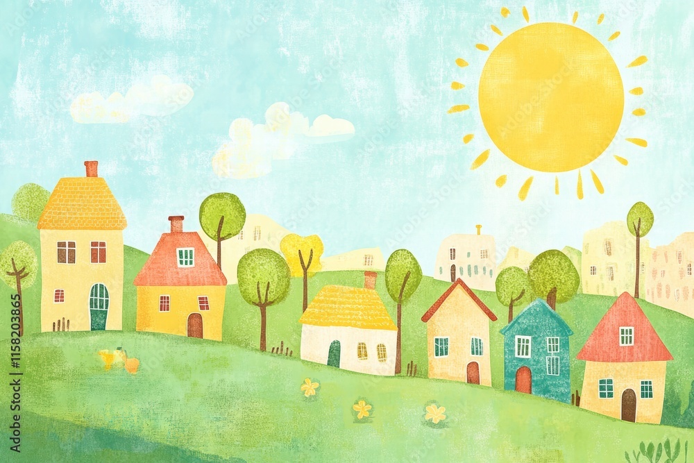Aufkleber Colorful naive art style landscape featuring charming houses under a bright sun with copy space for text and mock up designs. Generative AI