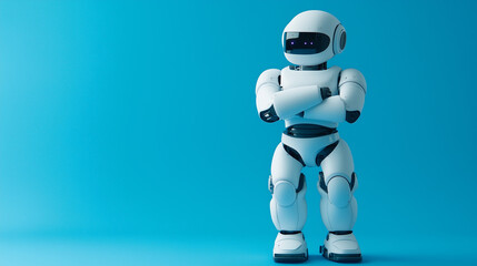 Fototapeta premium Futuristic Humanoid AI Robot with Sleek White Metallic Body and Gradient Blue Background for Modern Technology Concept