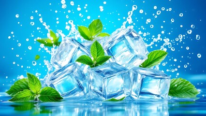 Sparkling water concept with ice cubes and mint leaves tumbling through space, capturing a feeling of purity and vitality, ideal for a spa or wellness product