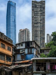 Obraz premium Luxury skyscraper contrasts with rundown shacks in urban landscape showcasing economic disparity. Generative AI