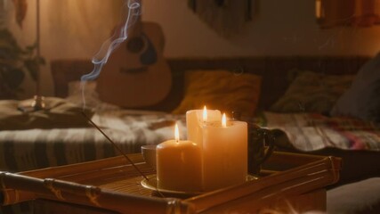 No people closeup of smoking incense stick and candles burning on coffee table in bohemian home, guitar on couch in background, in hazy light