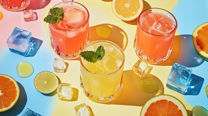 A flat-lay of vibrant drinks in clear glasses, surrounded by sliced fruits and ice cubes, highlighting freshness.