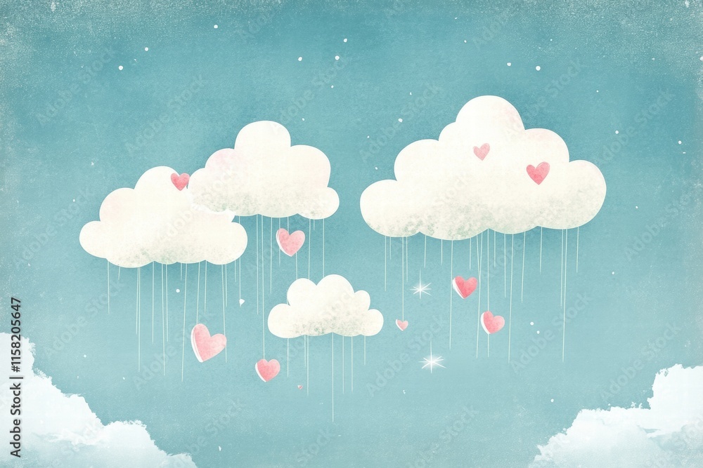 Poster whimsical hand drawn clouds with hearts and space for text perfect for romantic valentines day desig
