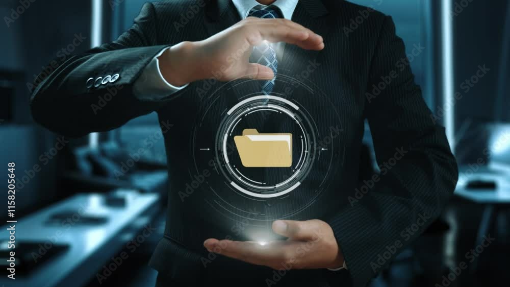 Poster business person managing online documents folders for efficient work processes. ensure secure and qu
