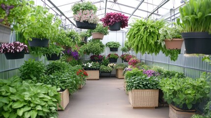 A greenhouse-style plant showroom with potted plants and hanging greens displayed in a fresh setting