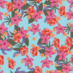 hibiscus floral, watercolor, bright, colorful, garden flowers, leaves, illustration background, seamless pattern, repeat print, wallpaper, clothing, fashion, home textile, packaging, gift wrap vector
